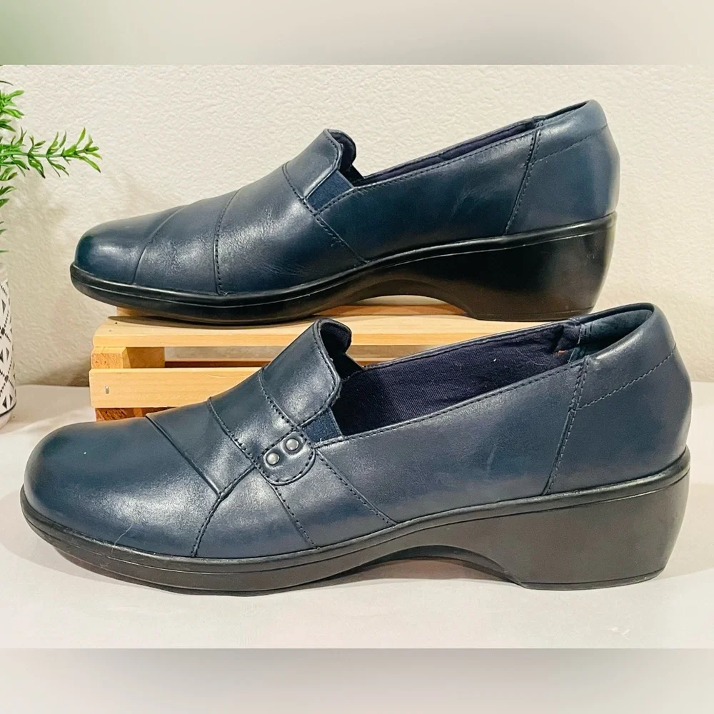 Clarks “May Marigold” Navy Banded Studded Genuine Leather Slip On Loafers